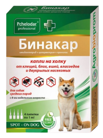 Pchelodar Бинакар капли на холку для собак средних пород 1 мл (4 пипетки)