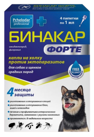 Pchelodar Бинакар ФОРТЕ капли на холку для собак и щенков средних пород 1 мл (4 пипетки)